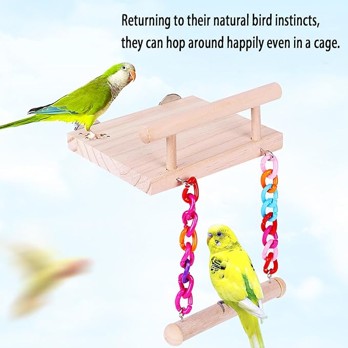 Natural Wood Bird Perch Platform with Colorful Chain Swing Toy, Parrot Hanging Stand Perch for Cockatiels Parakeets Lovebirds Budgies Conures, Cage Accessories Chewing Grinding Exercise Play Gym.