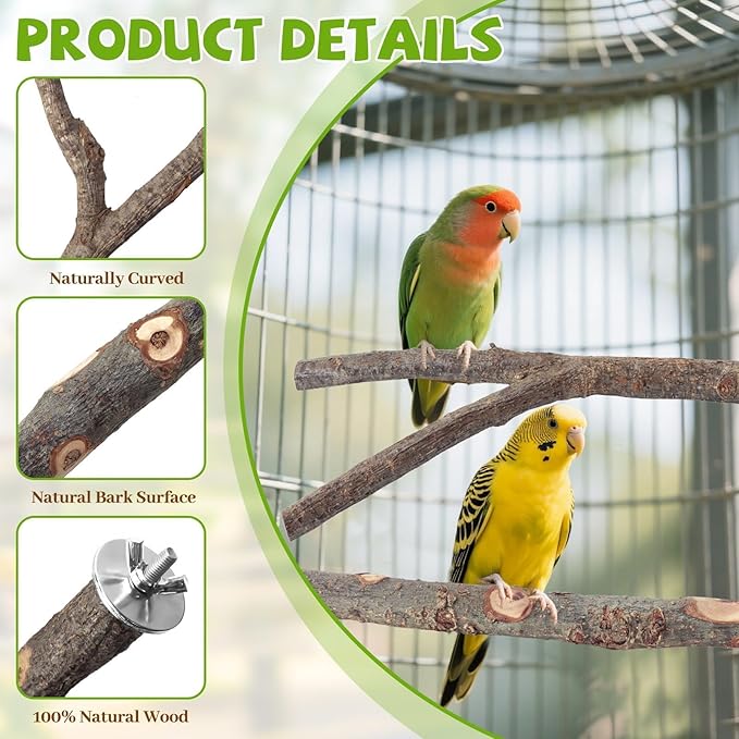 12PCS Natural Wood Bird Perches for Cage, Parrot Perch Stand & Platform, Bird Cage Accessories - Multi-Size Perches for Parakeets, Cockatiels, Conures, Lovebirds