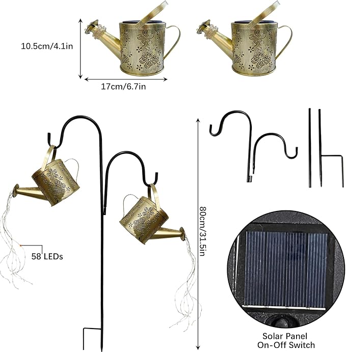DDQ Solar Watering Can Lights, Warm White/Color LED with Shepherd Hook, IP65 Waterproof Metal Garden Decor, Auto On/Off for Patio Backyard for Mom Birthday Christmas