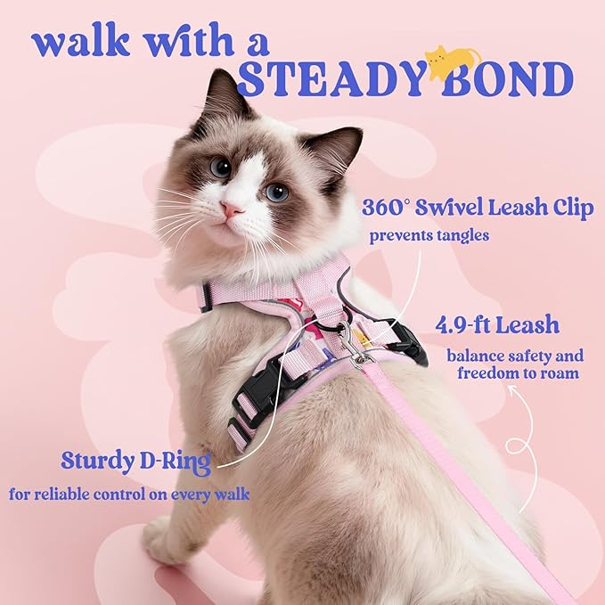 rabbitgoo Cat Harness and Leash for Walking, Escape Proof Soft Adjustable Vest Harnesses for Cats, Easy Control Breathable Reflective Strips Jacket, Purrty Pink, S