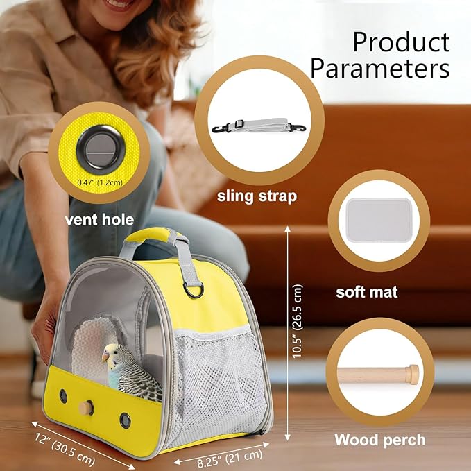 Bird Travel Carrier, Portable Small Bird Parrot Parakeet Carrier with Standing Perch and Soft Mat, Side Access Window Collapsible