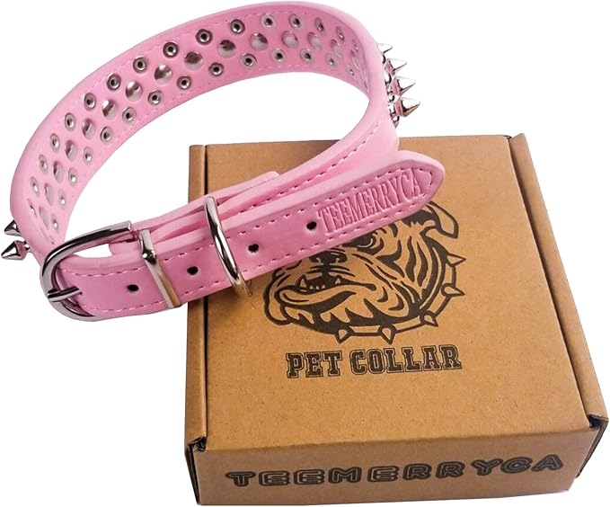 TEEMERRYCA Adjustable Leather Spiked Studded Dog Collars with a Squeak Ball Gift for Small Medium Large Pets Like Cats/Pit Bull/Bulldog/Pugs/Husky, Pink, L(15"-18.5")