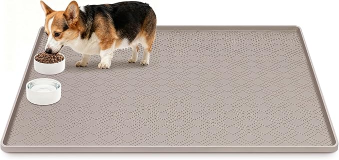 Lanstics Dog Food Mat, 42" x29" Large Silicone Mat Dog Feeding Mat with Raised Edge Non-Slip Pet Feeding Mat for Food and Water Bowl, Easy to Clean, Floor Protection (Beige)
