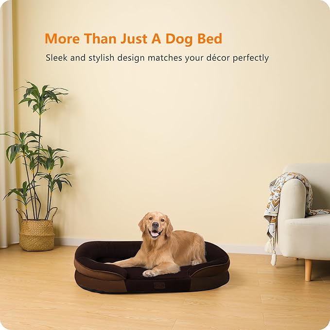 Dwanton Orthopedic Dog Bed for Large Dogs with Gel Memory Foam, Waterproof Dog Sofa, Washable Pet Bed with Four Sided Bolster Cushion, Removable Cover & Non-Slip Bottom, 42", Brown