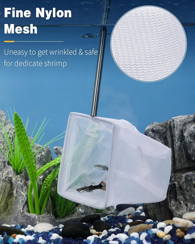 Pawfly Aquarium Shrimp Net 3 Inch Tiny Fish Tank Net with Extendable Stainless Steel Handle Soft Square Fine Net Mesh for Shrimp Baby Fish Food Residue Debris Skimming Net for Fish Tanks & Small Ponds