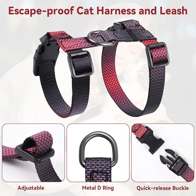 Cat Harness and Leash Set, 3-in-1 Escape Proof Adjustable, Comfortable Soft Lightweight, Safe, Easy to Wear, Walking Travel Kitten Harness for Small Medium Large Cats （Red