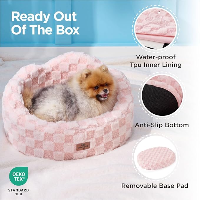 Joydeco Cloud Dog Bed for Small Dogs & Cats, Washable Pet Bed with Orthopedic Foam and Removable Checkered Plush Pad, Non-Slip Bottom for Indoor Puppies and Kittens, 22x20 Inch, Pink