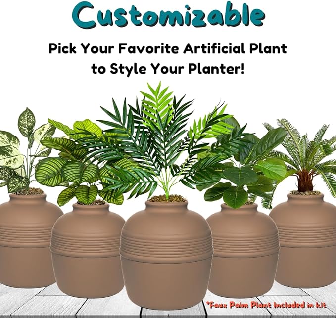 Good Pet Stuff Hidden Litter Box Planter, Decorative Cat Litter Enclosure with Carbon Filter, Artificial Plant, Easy Clean, Removable Liner, Round Style, Essentials Kit, Chestnut Brown