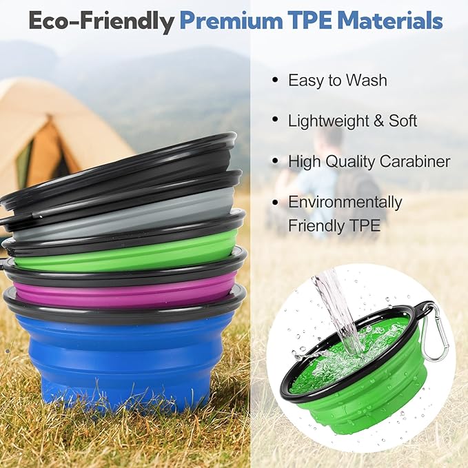 Collapsible Dog Bowls for Travel, 2-Pack Dog Portable Water Bowl for Dogs Cats Pet Foldable Feeding Watering Dish for Parking Camping Walking with 2 Carabiners Clip (12oz, Small, Blue+Green)