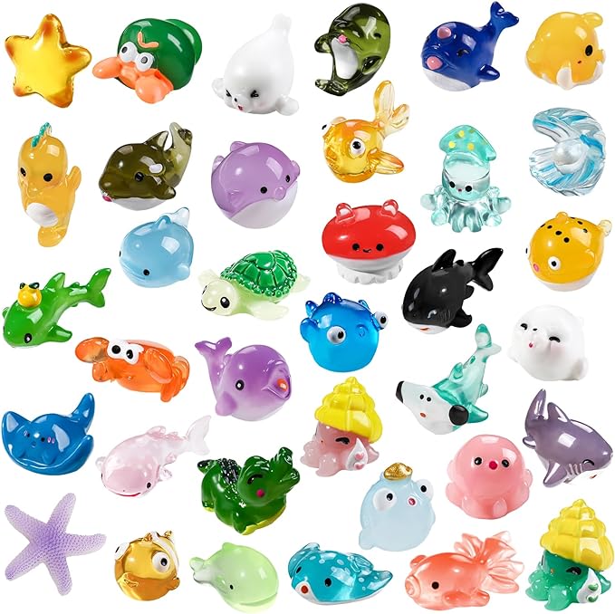 DIYDEC 36pcs Mini Ocean Resin Animals Tiny Sea Animals Figurines Marine Miniature Plastic Animals Aquarium Ornaments Decorations for DIY Fish Tank Potted Micro Fairy Garden Dollhouse