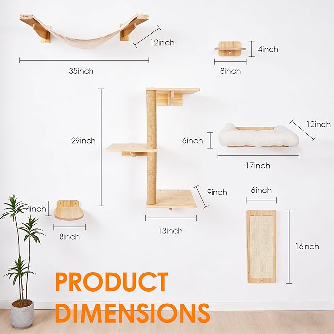 6in1 Cat Wall Shelves Climbing Systems, Large Cat Furniture Shelf Set Wall Hanging Mounted, Hammock Sisal Scratching Perch Bed 2 Steps Tower Tree for Indoor House Corner Ladder