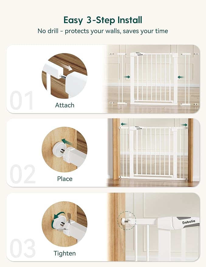 Babelio 36" Tall Baby Gate, PressGuard P7, 29-55" Auto Close Pressure Mounted Dog Gate for Doorways & Hallway, Basics Easy Walk Thru Pet Gate, Extra Wide Metal Child Gate, White