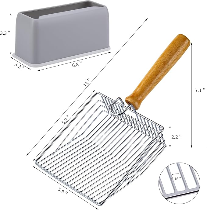 DHXYZZB Metal Cat Litter Scoop - Heavy Duty Litter Scooper & Speed Sifter with Comfortable Wood Grip - Washable Convenient Stand for Easy and Efficient Cleaning