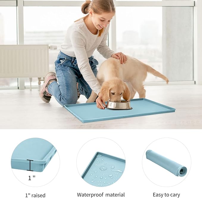 Dog Food Mat,Silicone Waterproof Food Tray,Non Slip Pet Bowl Mats Placemat,1" Raised Edge,Suitable for Most Small and Medium Sized Pets,32" x 24"