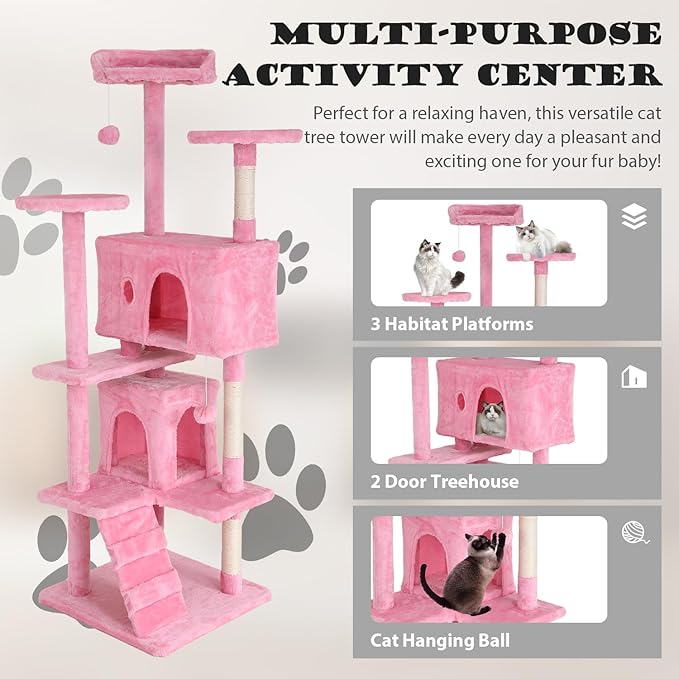 Heavy Duty Cat Tree Tower, 70" Tall Cat Tower for Indoor Cats with Cat Scratching Post with Bed, Cat Condo, Hanging Ball, Multi-Level Cat Climbing Tower Cat Trees Furniture Activity Center, Pink