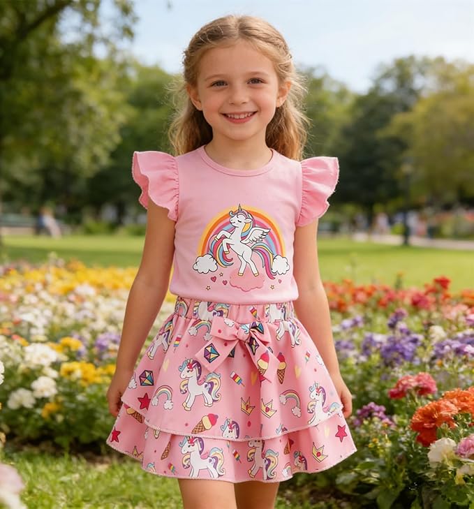 Girls Skirt Set 2 Piece Outfit Toddler Summer Clothes Ruffle Sleeve T-Shirt Bow Knot Tutu Skirt Outfit Set