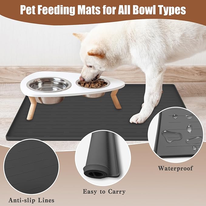 18"x12" Dog Food Mat, Silicone Dog and Cat Mats for Food and Water Bowls, Waterproof Raised Edge Pet Feeding Mat for Contain Spills Protects Floors, Multiple Colors & Sizes for Pets, Light Gray