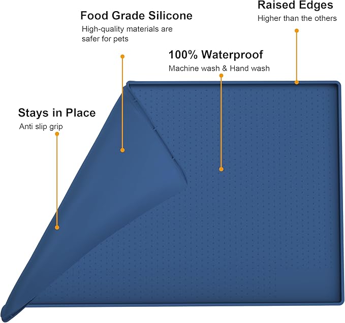 Mofason Pet Food Mat Waterproof Dog Mat 24”x16” Large – 0.5” inch Raised Edge, Pet Cat Silicone Feeding Placemat Water Bowl Tray for Floors, Nonslip Washable Dog Mat for Food and Water