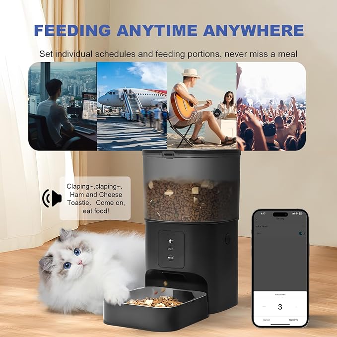 2.4G Automatic Cat Feeder, Cat Food Dispenser with 10s Voice Recorder, Pet Feeder up to 8 Meals per Day, Timed Feeder with Dry Food Sealed Ring (Black, 4L-WiFi)
