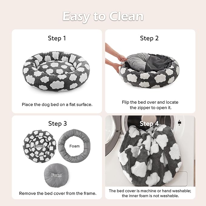 JOEJOY Donut Large Dog Bed, Cute Round Calming Dog Bed with Removable Washable Cover, Orthopedic Pet Beds with Jacquard Shaggy Plush & Non Skid Bottom, Black