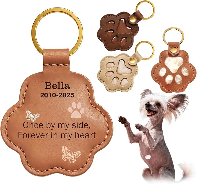Personalized Pet Memorial Gifts for Dogs, Custom Name Paw Shaped Leather Keychain, Dog Fur Keepsake for Bag or Key