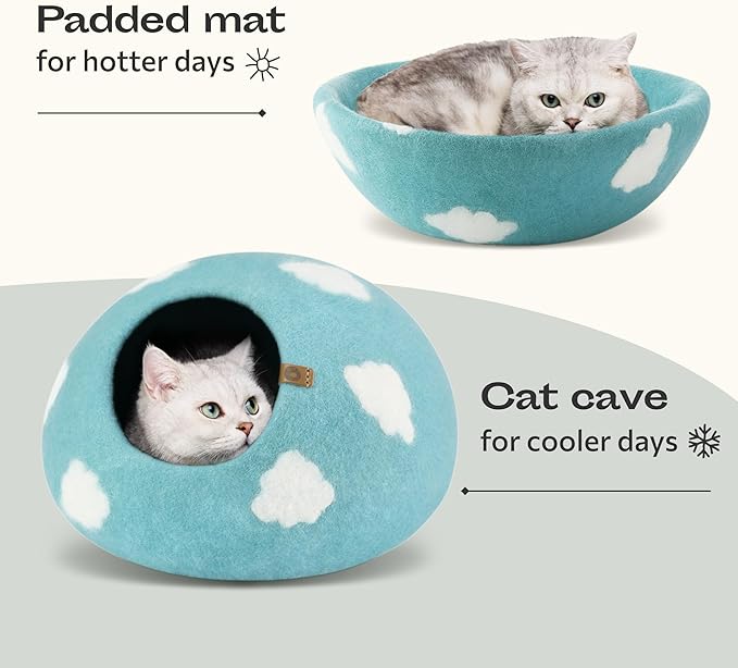 MEOWFIA Cat Cave – Premium Felt Cat Bed for Indoor Cats, Handmade Merino Wool (Cloud Nap Blue, Medium)