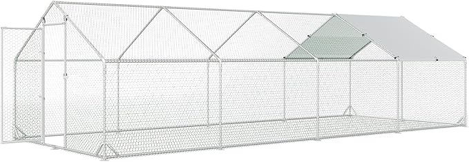 4ever2buy Large Metal Chicken Coop with Run Walk-in Poultry Cage Chicken Runs House Pen Cage Spire Roofed Chicken Coops with Anti-Ultraviolet Cover for Outdoor Backyard Farm Use 9.5’Lx24.9’Wx6.4’H