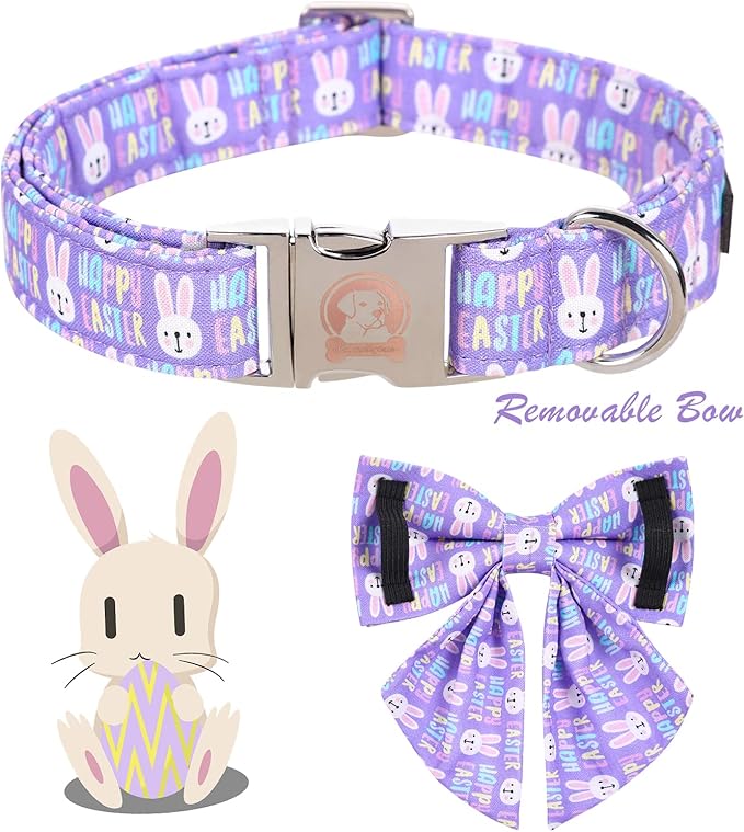 MR. CHUBBYFACE Easter Dog Collar, Purple Rabbit Puppy Collar with Flower, Adjustable Pet Collar Bowtie for Small Medium Large Dogs