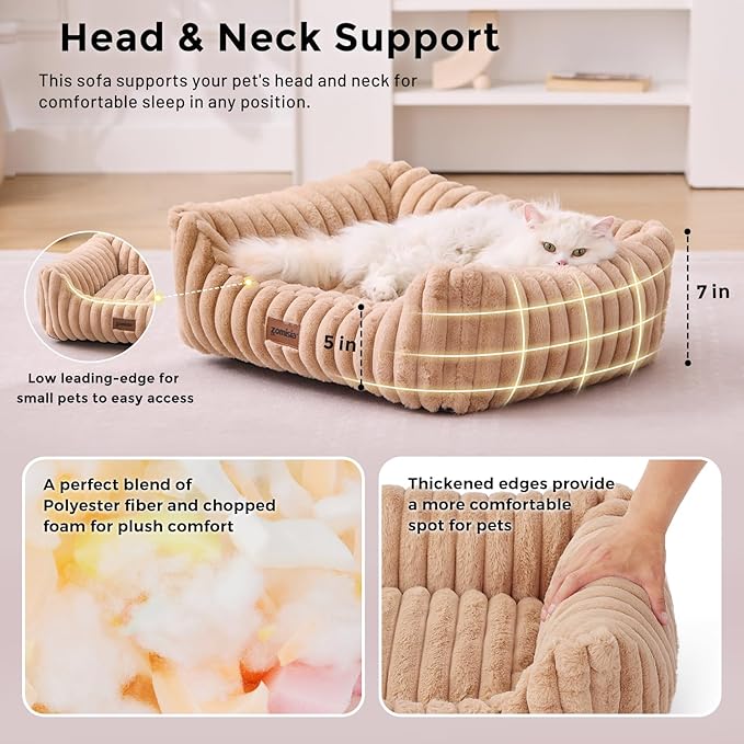 Small Dog Beds for Small Dogs - Washable Cat Beds for Indoor Cats, Rectangle Orthopedic Puppy Bed with Fluffy Removable Cover, 20x19x7inches, Beige