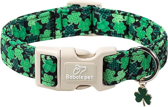 St Patricks Day Dog Collar for Medium Dogs - Green Lucky Clover Dog Collars, Lightweight Adjustable Irish Festival Shamrock Dogs Collars with Quick Release Buckle M