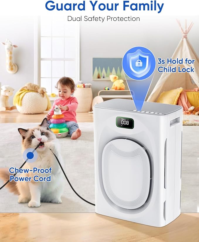 Pet Air Purifiers for Home Large Room Up to 2500 Ft², Double-Sided HEPA Air Cleaner with Washable Pre-Filter for Pet Hair Dander Odor Smoke, PM2.5 Air Quality Monitor & Auto Mode