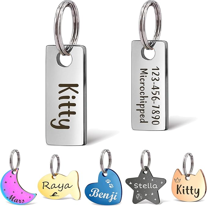 Anavia Small Size Dog Cat ID Tags, Small/XS Personalized Color Plated Stainless Steel Puppy Kitten Name Tags, Customized Engraved Nameplate Pet Collar Tag (Silver, XS-Rectangle)