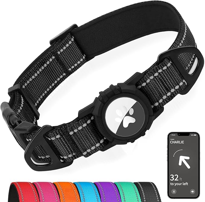 Joytale Airtag Dog Collar, Reflective Pet Collar with Waterproof AirTag Holder, Dual D-Rings, Soft Padded Adjustable for Small Dogs, Black, S