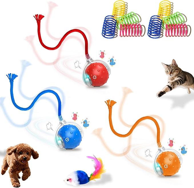 3-Pack Interactive Cat Toys Ball for indoor Cats＆Dog,Automatic Cat Toy with Smart Obstacle Avoidance & Bird Chirps,Includes 8 Cat Spiral Spring,Cat Enrichment Toys for Indoor Cats(Red Blue Orange)