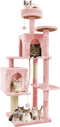 58.5inch Large Cat Tree Tower Condo for Indoor Cats, Soft Plush Multi-Level Climbing Tree Cat House with 1 360° Rotating Cat Cave, Scratching Post, More Entrance/Exit, Sisal Rope, Pink