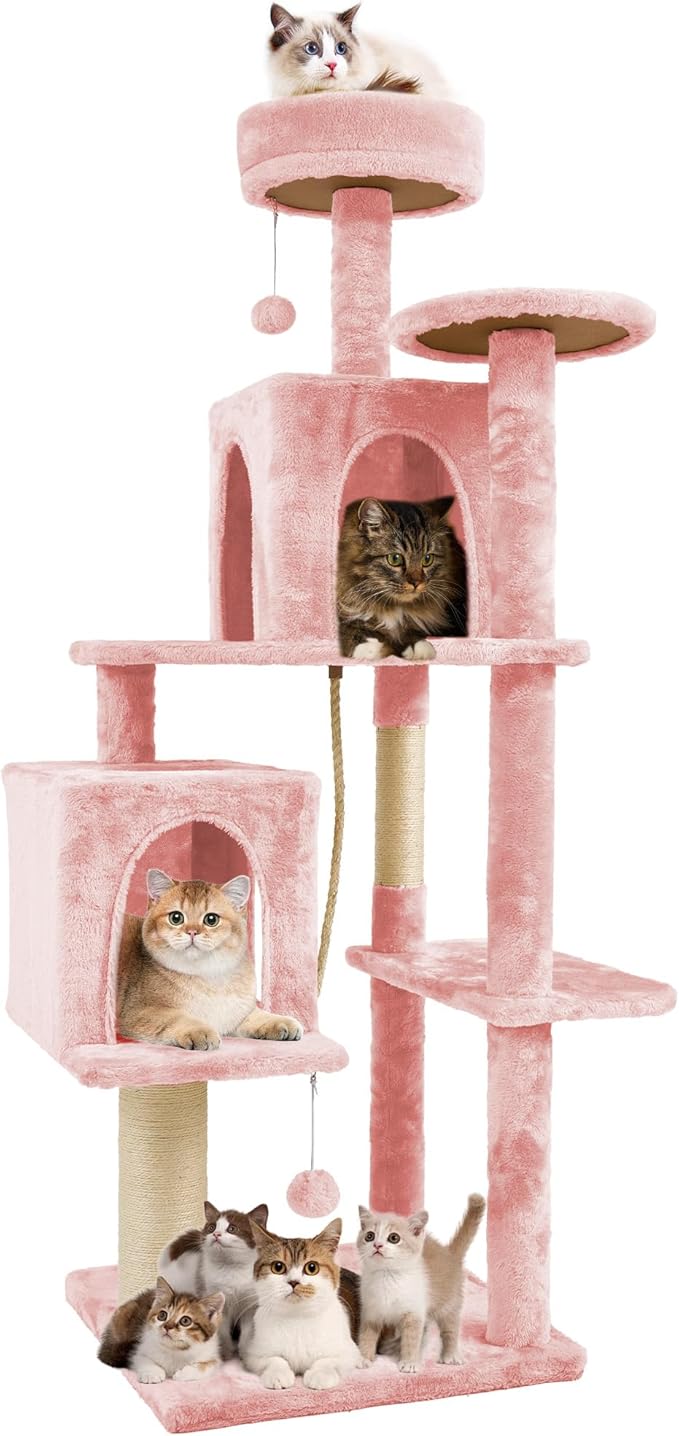 58.5inch Large Cat Tree Tower Condo for Indoor Cats, Soft Plush Multi-Level Climbing Tree Cat House with 1 360° Rotating Cat Cave, Scratching Post, More Entrance/Exit, Sisal Rope, Pink