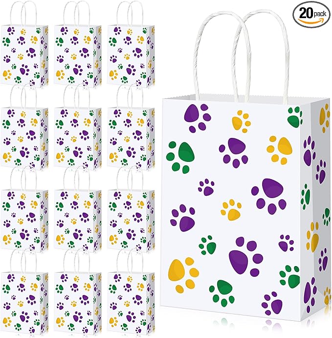 Blulu 20 Pcs Puppy Dog Paw Gift Bags with Paper Twist Handles, Dog Gift Paper Paw Treat Goodie Bags for Pet Treat Party Favor, 6.3 x 3.1 x 8.6 Inch