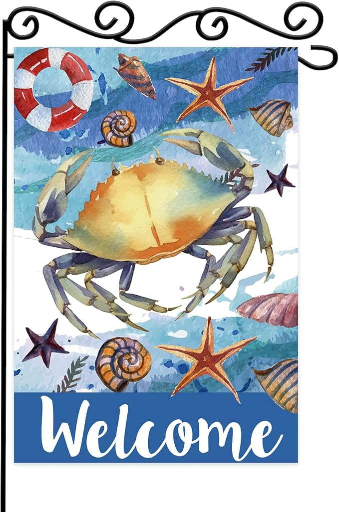 Starfish Crab welcome Garden Flag,Welcome to Undersea World Garden Flag,Marine Life Yard Porch, Party Holiday Decor, Vertical Double Side 12x18 Inch