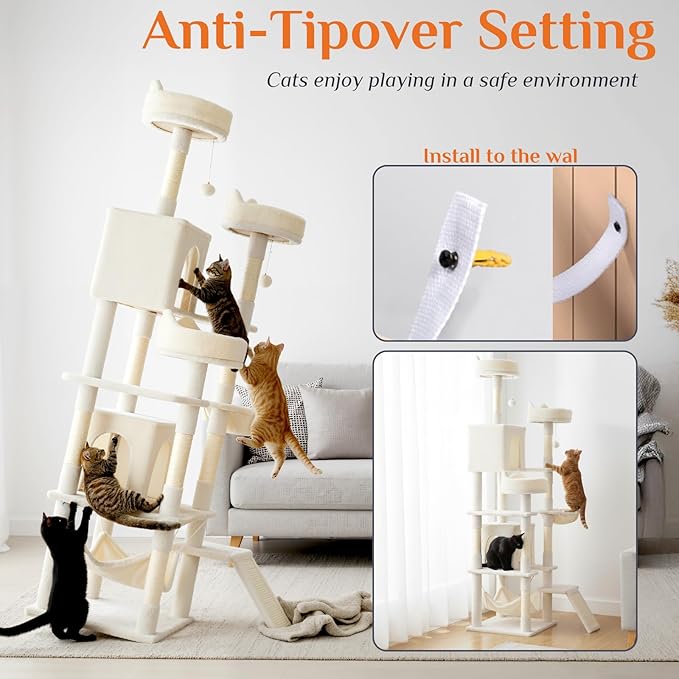DUMOS Tall Cat Tree 75 Inch, Large Multi-Level Cat Tree Tower with Condo, Perches, Sisal Scratching Posts Board and Hammock, Pet Play House with Dangling Balls for Indoor Cats, Beige