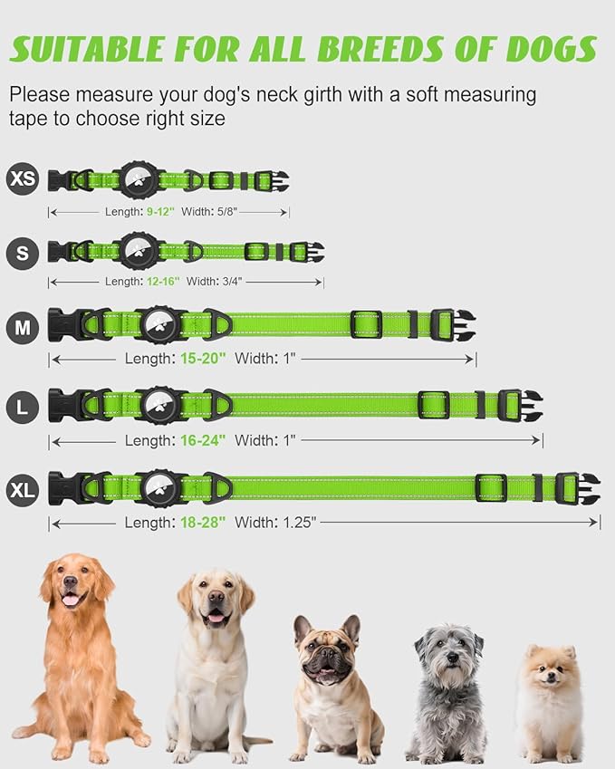 Joytale Airtag Dog Collar, Reflective Pet Collar with Waterproof AirTag Holder, Dual D-Rings, Soft Padded Adjustable for Extra Small and Puppy Dogs, Green, XS