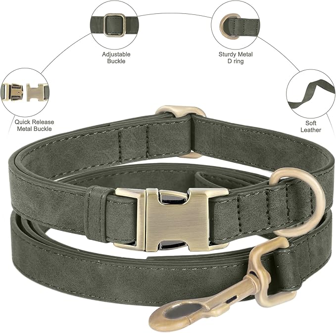 Genuine Leather Dog Collar - Adjustable Pet Collar with Quick Release Metal Buckle, Soft Skin Friendly Real Leather Collar for Small, Medium, Large Dogs (Dark Green, M：Fit 12-20" Neck)