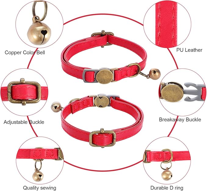 Red Cat Collar, Breakaway Leather Cat Collar Adjustable Red Kitten Collars with Bell Quick Release Buckle for Most Cats and Kittens