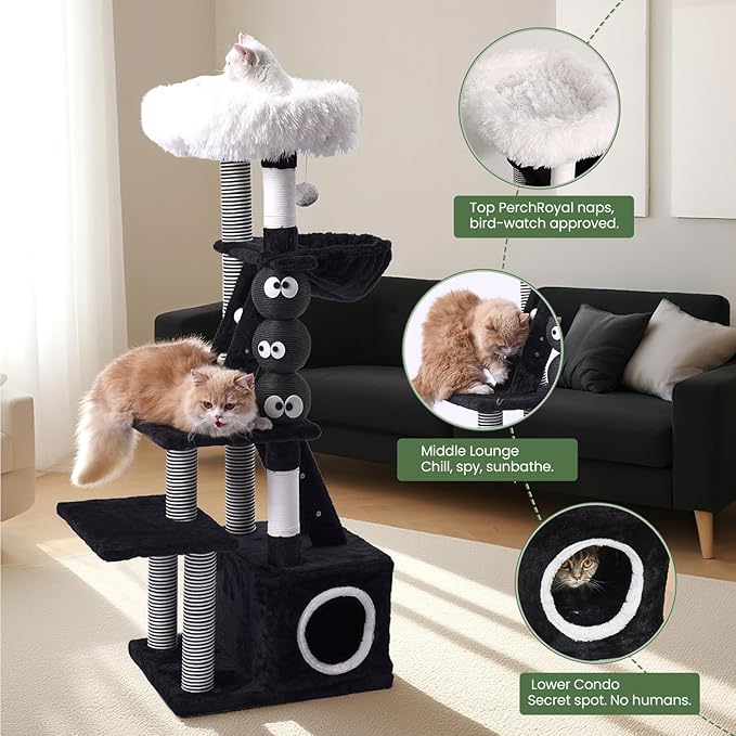 Cat Tree, 50.7in Multi-Level Cat Tower with Scratching Posts, Perch, Hammock and Hideaway condo, Indoor Cat Activity Center with Fun Cartoon Design, Black