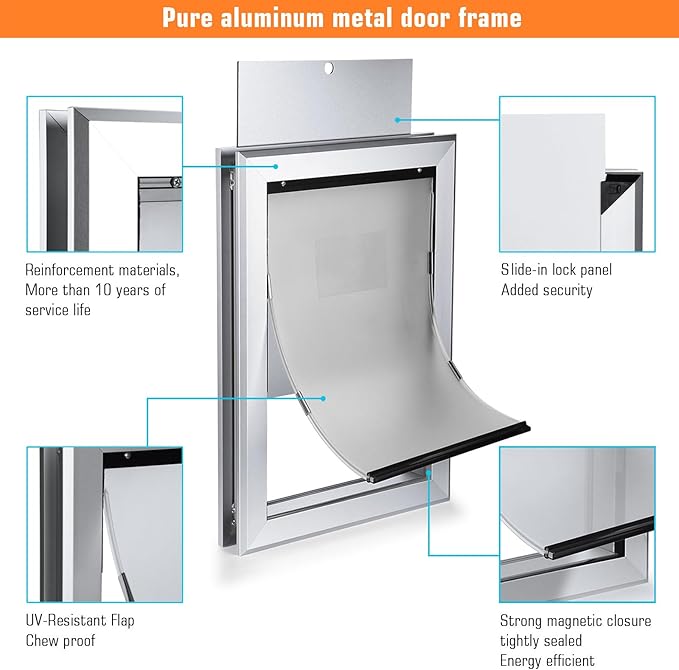 Ownpets Aluminum Extra Large Dog Door, Pet Door with Magnetic Flap and Lockable Sliding Panel, Heavy Duty Doggy Door for Dogs Up to 200lbs(Silver)
