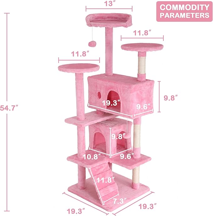 Heavy Duty Cat Tree Tower, 54" Tall Cat Tower for Indoor Cats with Cat Scratching Post with Bed, Cat Condo, Hanging Ball, Multi-Level Cat Climbing Tower Cat Trees Furniture Activity Center, Pink