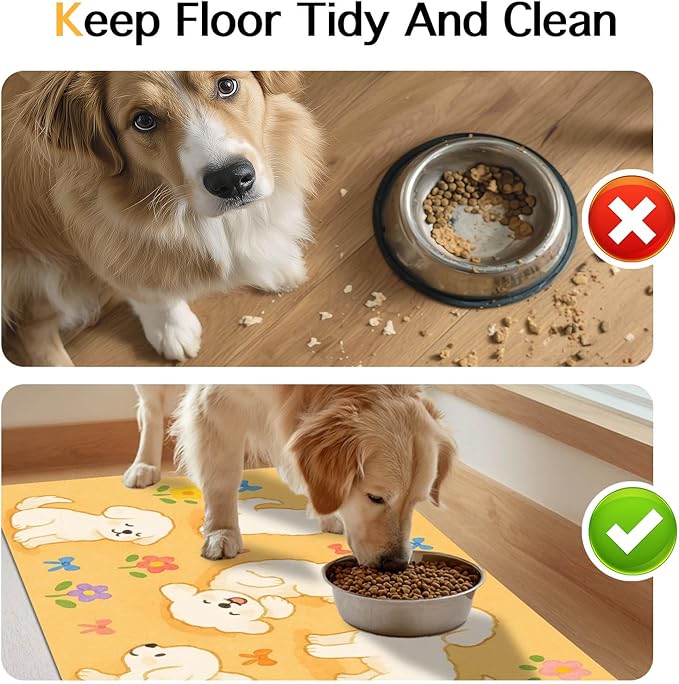 Bichon Frise Pet Food Mat Cute Spill-Proof Dog Water Bowl Mat Funning Mats for Cat Food and Water Bowls Cute Easy Clean Dog Bowl Mats Pet Placemat 20" x 12" Fast Dry Pets Feeding Pad
