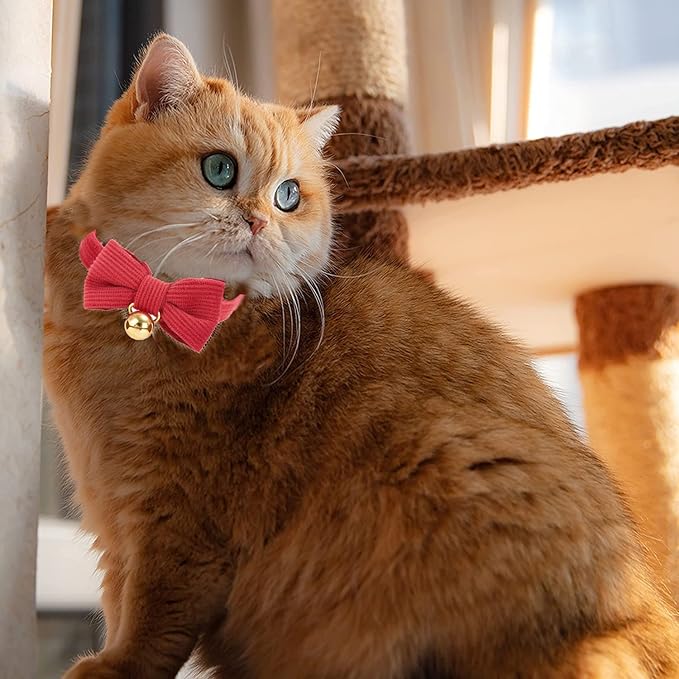2 Pack Soft Corduroy Christmas Cat Collars with Bow Tie & Bell, Adjustable Breakaway Cotton Kitty Bowtie Collar for Girl Boy Kitten (Red & Green)