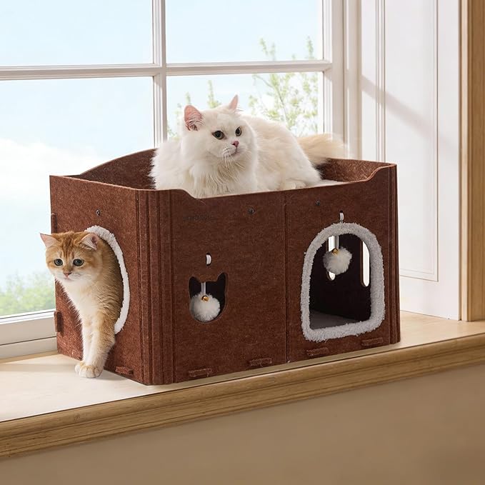 Joydeco Cat House for Indoor Cats, Extra Wide Scratch Resistant Felt Cat Condo, Hideaway Pet Cave Bed with Fluffy Ball and Tunnel for Kitten, Small Dogs, Rabbits, 22.4 x 13.7 x 14.9, Coffee