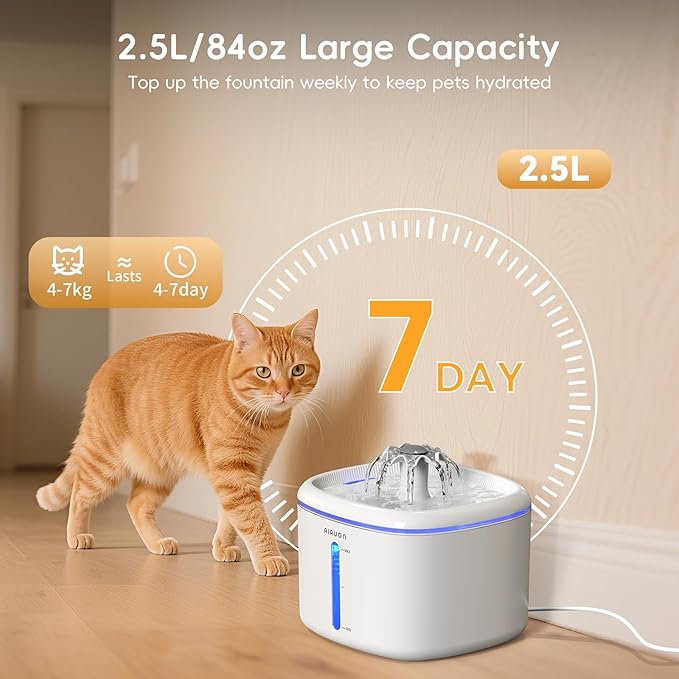 Cat Water Fountain,84oz/2.5L Pet Cat Fountain – Ultra Quiet Upgraded Automatic Pet Water Dispenser with 8 Replaceable Filters, Indoor Cat & Dog Drinking Bowl (with mat)