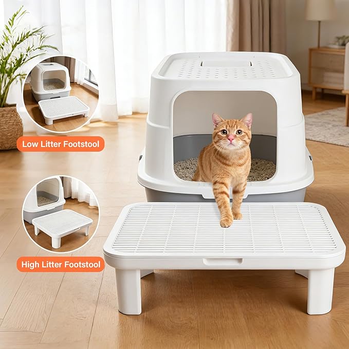 Adjustable Cat Step Ramp, Double Layer Litter Box Step with Filter Function, Replaceable Feet, Elevated Litter Box Ramp for Elderly Cats Easy Cleaning Cat Catcher for Floor Indoor (White)